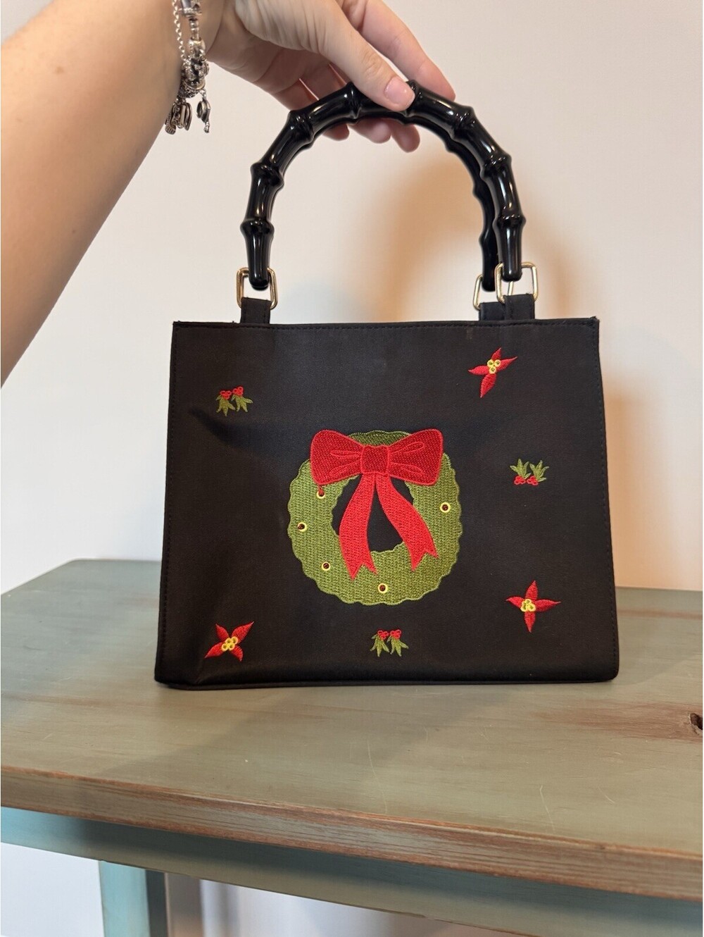 Vintage Madison Studio Christmas Purse Black Bamboo Handles